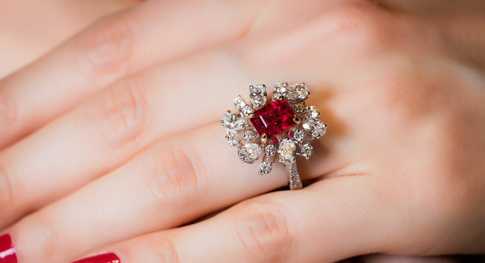 Caratell bixbite ring with red beryl and diamonds