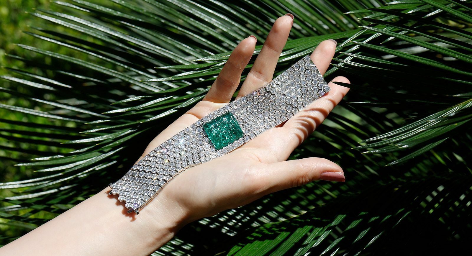 Bayco bracelet with carved Zambian emerald and diamonds