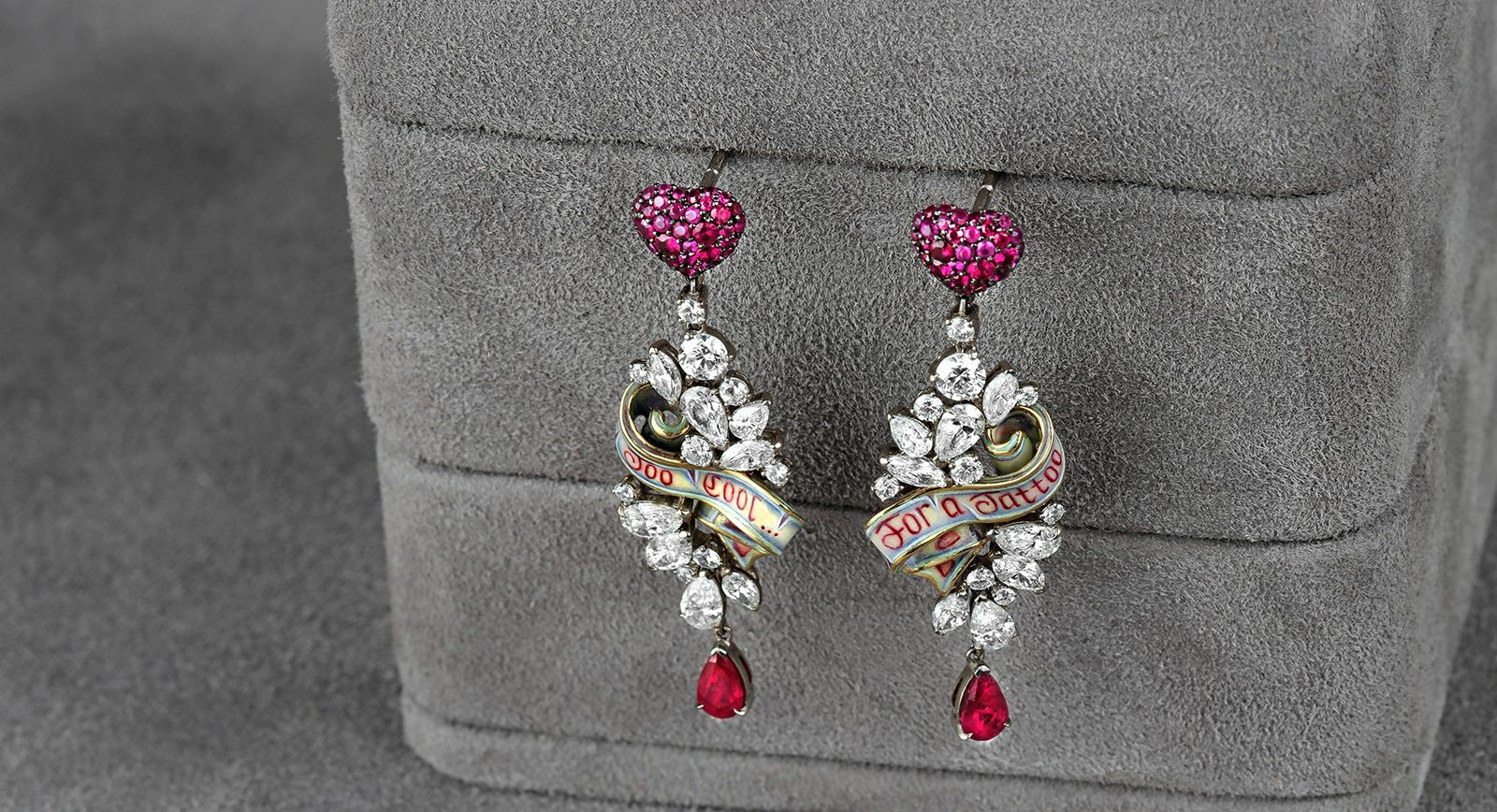Liza Borzaya earrings with diamonds, rubies and enamel