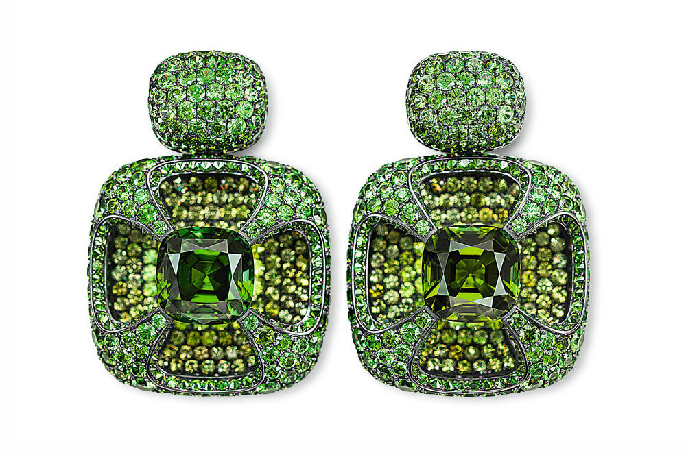 Hemmerle earrings with tourmalines and demantoid garnets set in silver and white gold