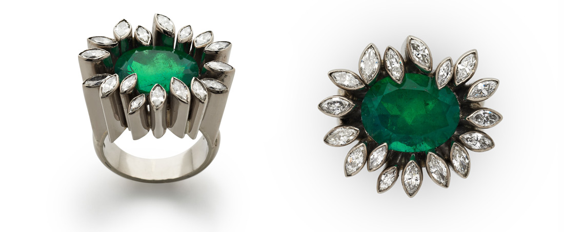 Grima ring with a 6.70ct. Colombian Emerald set in 18K grey gold and surrounded by marquise-cut diamonds