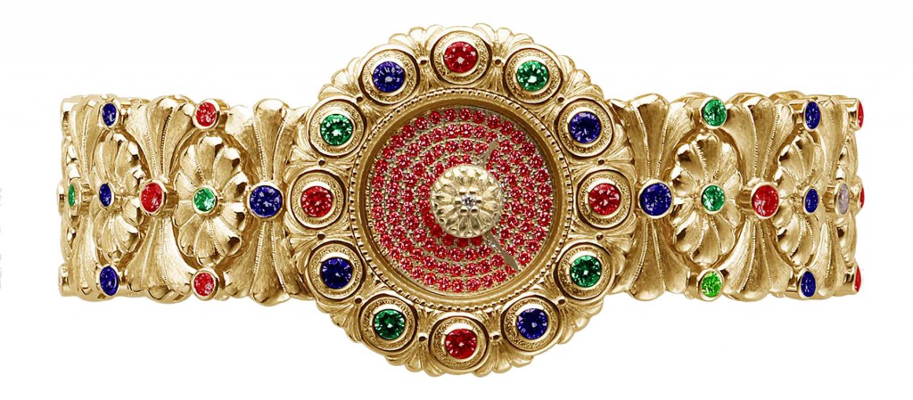 Buccellati watch in yellow gold with rubies, tzavorites and sapphires