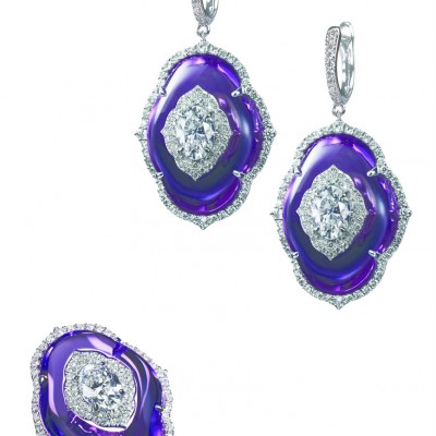 Earrings and a ring with diamonds inlaid into amethyst