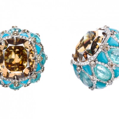 Earrings wih champagne diamonds inlaid into turquoise and Paraiba tourmalines