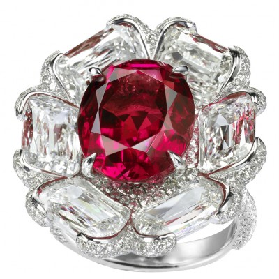 Non-heated Burmese ruby and diamond flower ring