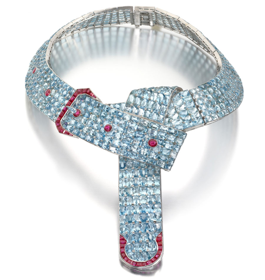 Siegelson aquamarine and ruby belt with buckle necklace designed by Fulco de Verdura for Paul Flato circa 1935