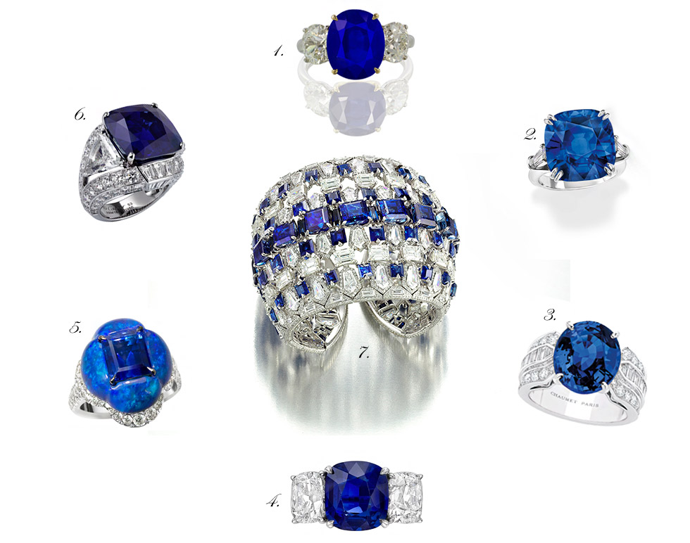 1. IVY New York 5.17 cts Oval Kashmir Sapphire ring with two diamonds. 2. Classic Winston Cushion Sapphire ring featuring a 19.26 carat centre stone with tapered baguette diamond side stones. 3. Chaumet platinum ring with an oval sapphire 4.42 cts and diamonds. 4. Betteridge 5.98 cts Kashmir sapphire and diamonds ring. 5. BOGH-ART ring with a Kashmir sapphire inlaid into black opal. 6. Platinum Bleu-Bleuet ring with a 29.06 carat cushion shaped sapphire from Kashmir. Cartier Biennale de Paris. 7. BOGH-ART Kashmire Sapphire and diamond bracelet set in white gold