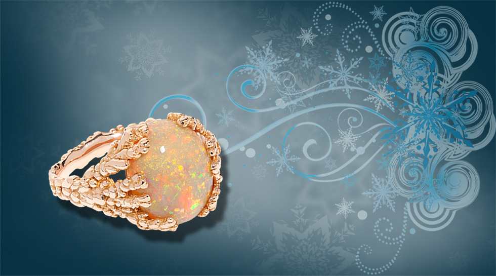 “Fiery Coral Atoll” in 18k rose gold and a rare fire Wello opal – £4,800