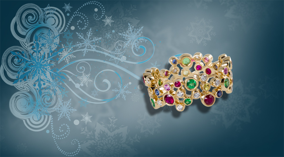 Kaleidoscope Ring with diamonds, pink, yellow and blue sapphires and rubies – £2,950
