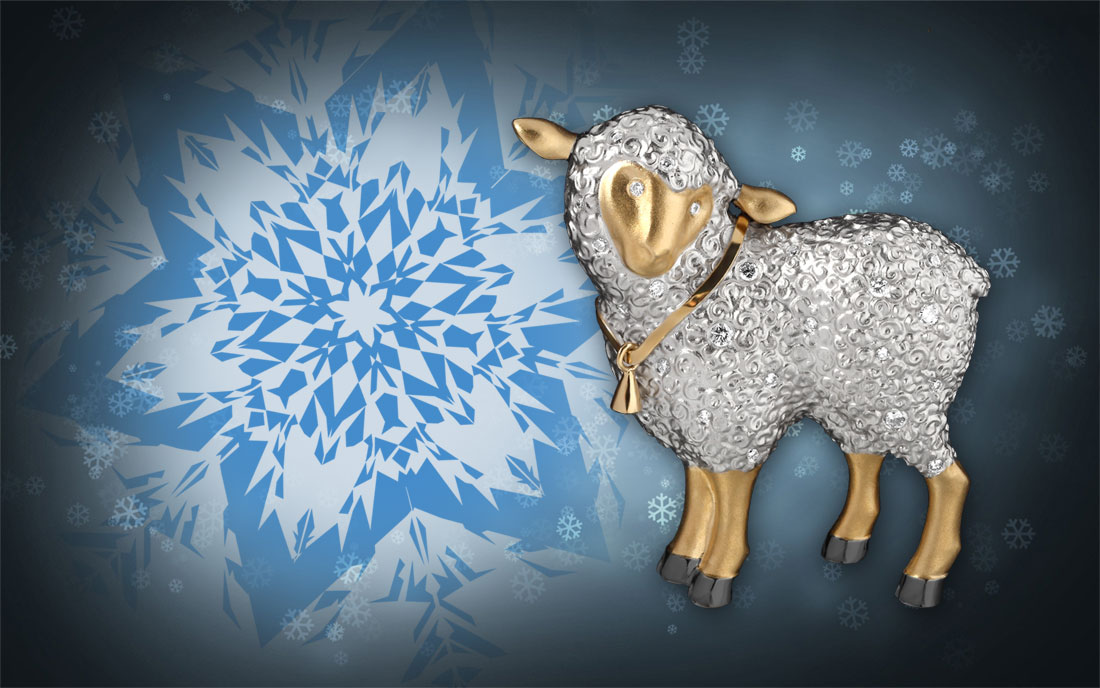 Sheep brooch in yellow and white gold with diamonds