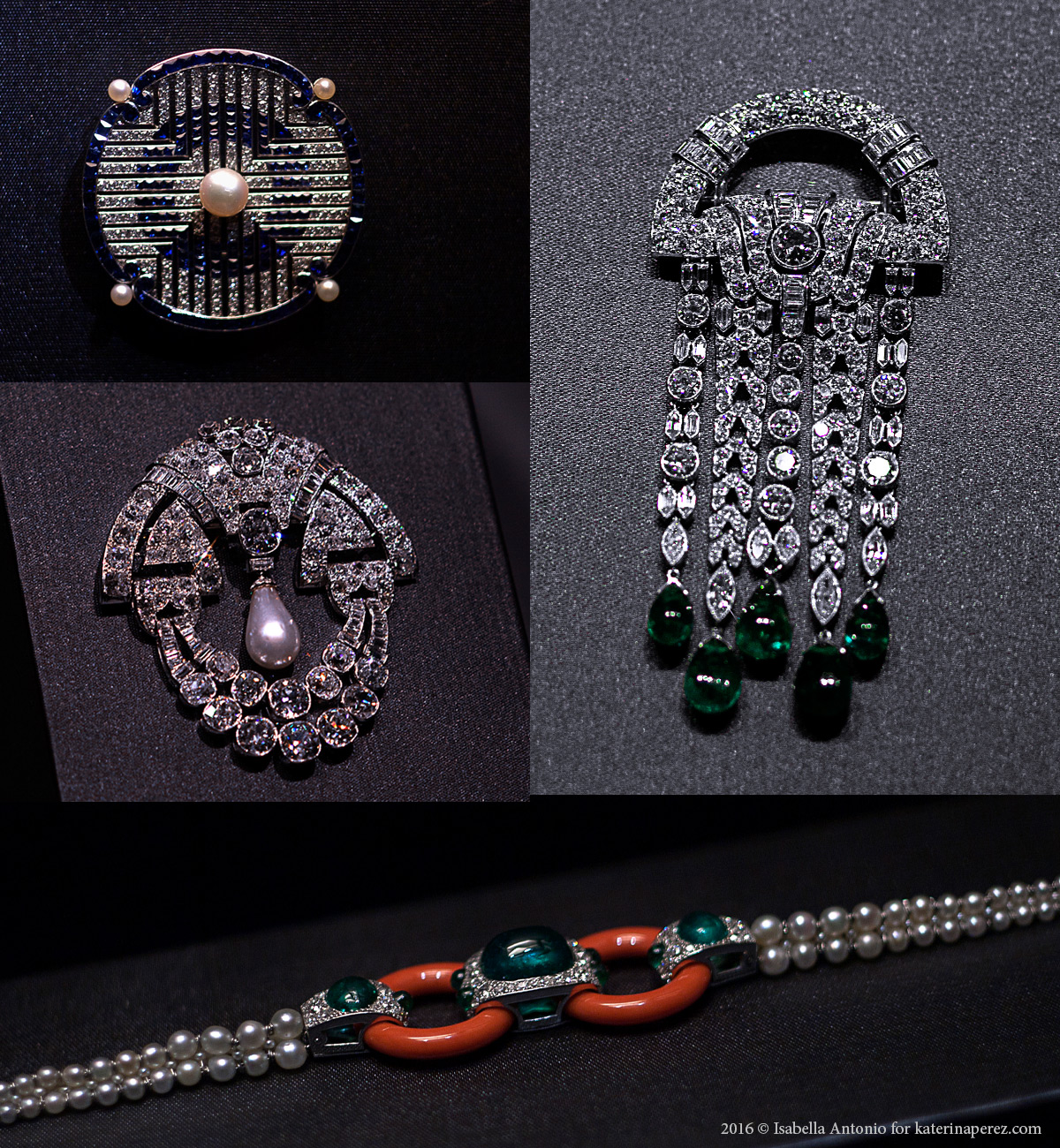 Left bottom – Art Deco clip, circa 1930. Platinum, natural pearl, diamonds; Right top – Art Deco clip, 1928. Platinum, emeralds, diamonds