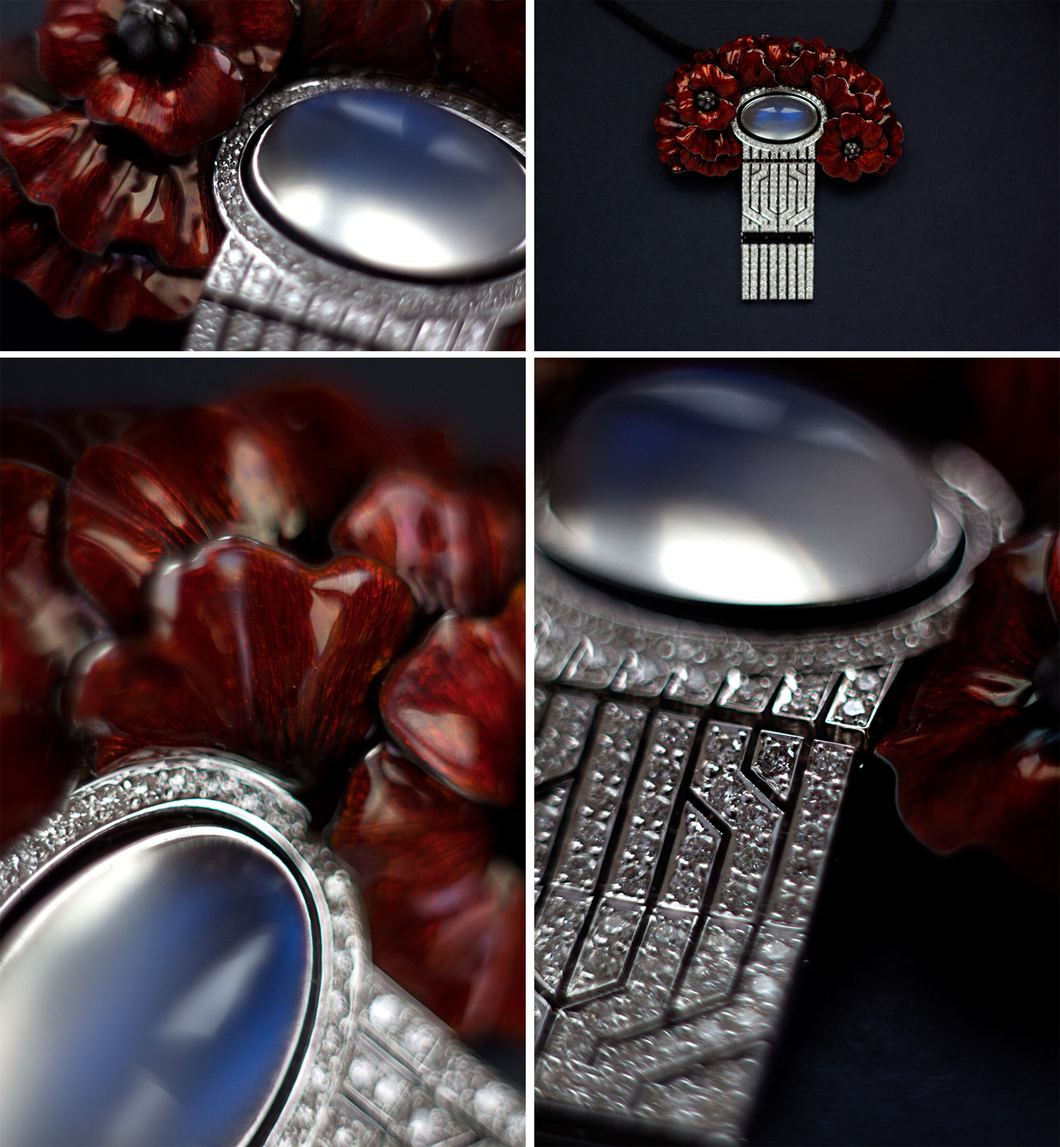 Ilgiz Fazulzyanov “Poppy” pendant with moonstone, diamonds and enamel
