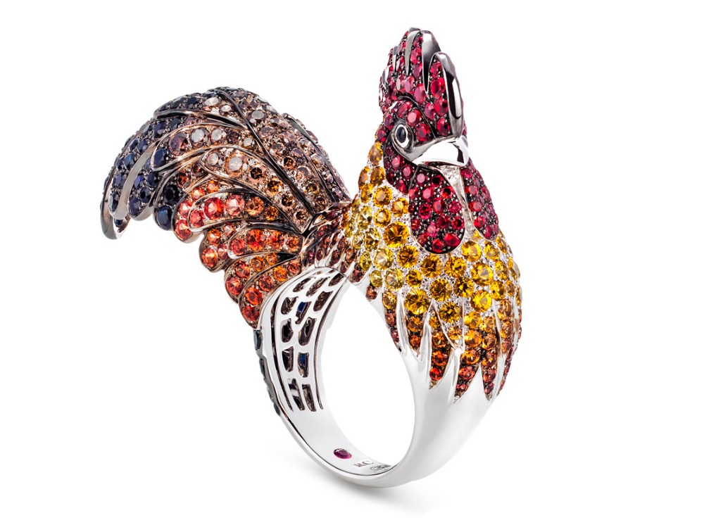 Roberto Coin Rooster ring with black, orange and yellow sapphires and diamonds