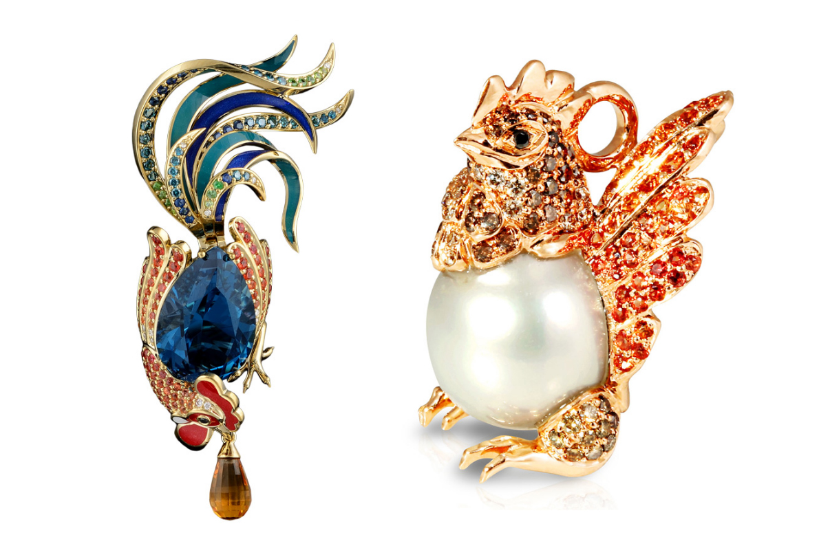 Left: Master Exclusive Rooster brooch with London Topaz, right: Mario Buzzanca Rooster pendant with pearl