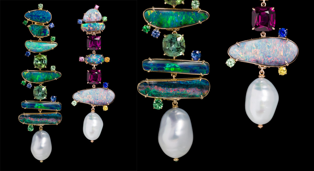 Margot McKinney earrings with opals, pearls and other precious gemstones