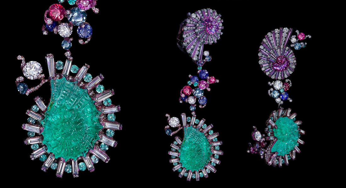 Wallace Chan Sea Fairies earrings with paraiba tourmalines, diamonds, sapphires and some other gems set in in titanium