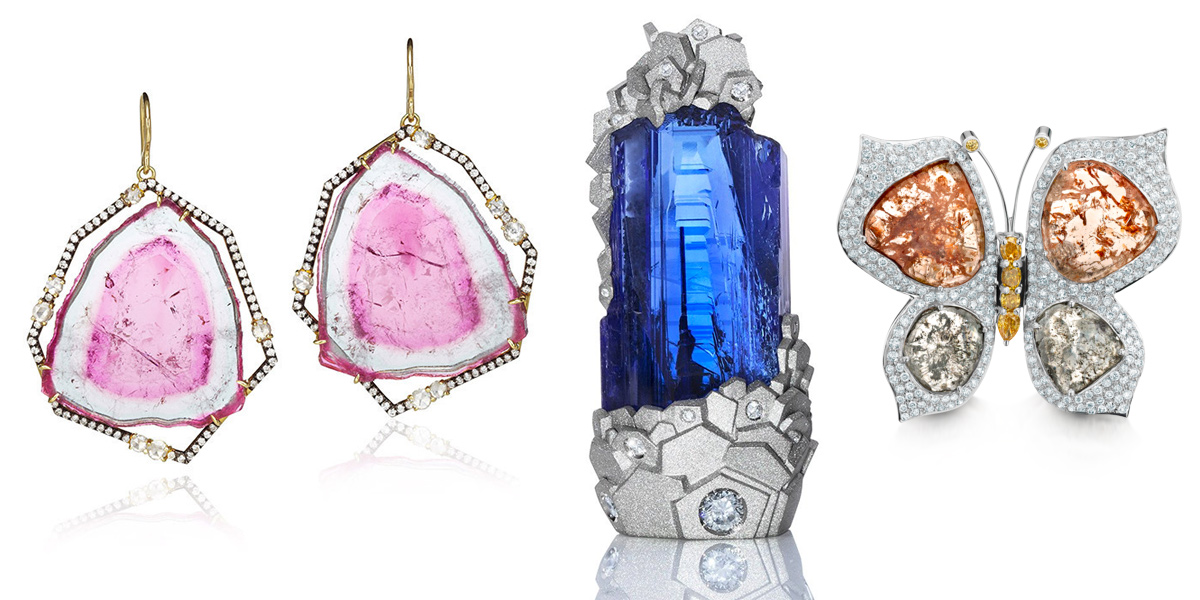 From left: One Of A Kind Bicolor Tourmaline Slice Earrings by Jemma Wynne. L’Exceptionnelle Tanzanite Pendant by Ornella Iannuzzi. Monarch Butterfly Ring with Diamonds by Saqqara Jewels