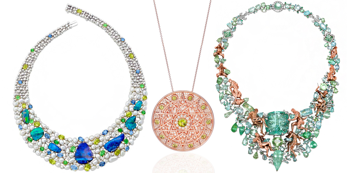 From left: Margot McKinney Objects of Desire 130th anniversary collection necklace. Lily Gabriella Damali pendant, rose gold, white diamond and peridot. Alessio Boschi Fountains of Rome collection necklace with paraiba tourmalines