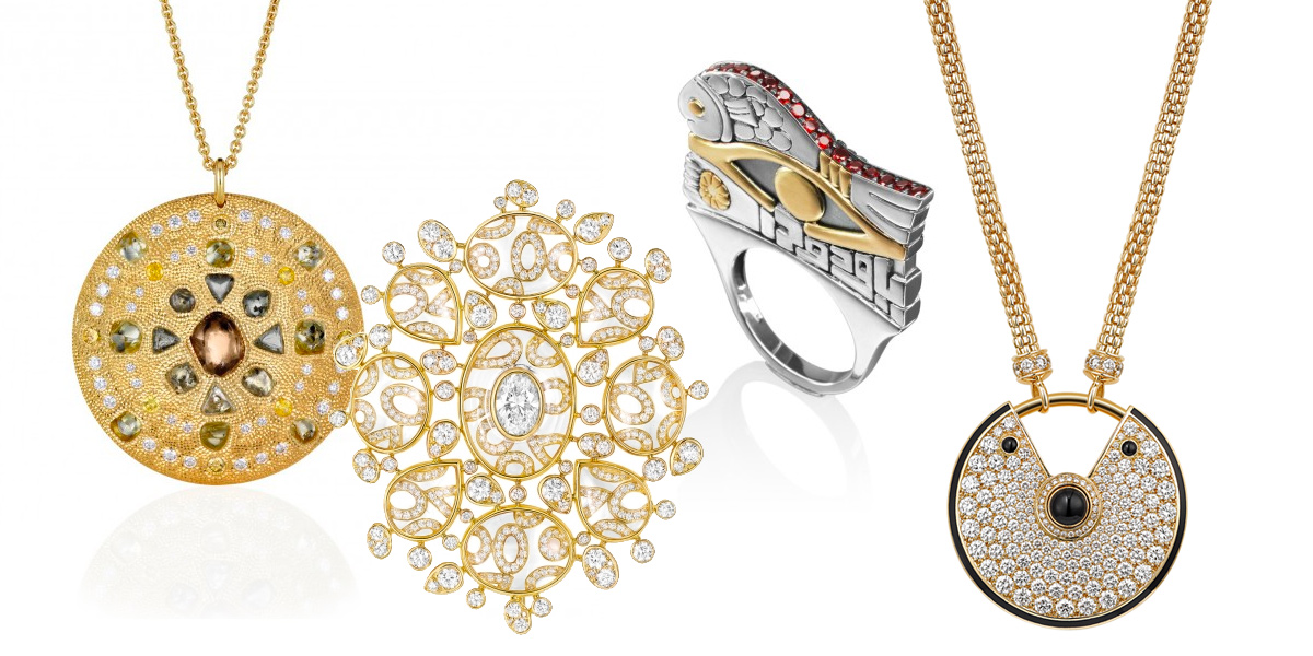 From left: De Beers Talisman Collection with rough and polished diamonds. Chanel Talisman Brooch in gold and diamonds. Azza Fahmy Evil Eye Ring in 18 kt Gold and Sterling Silver adorned with semi-precious stones. Cartier Amulet Pendant in Yellow gold, diamonds, onyx