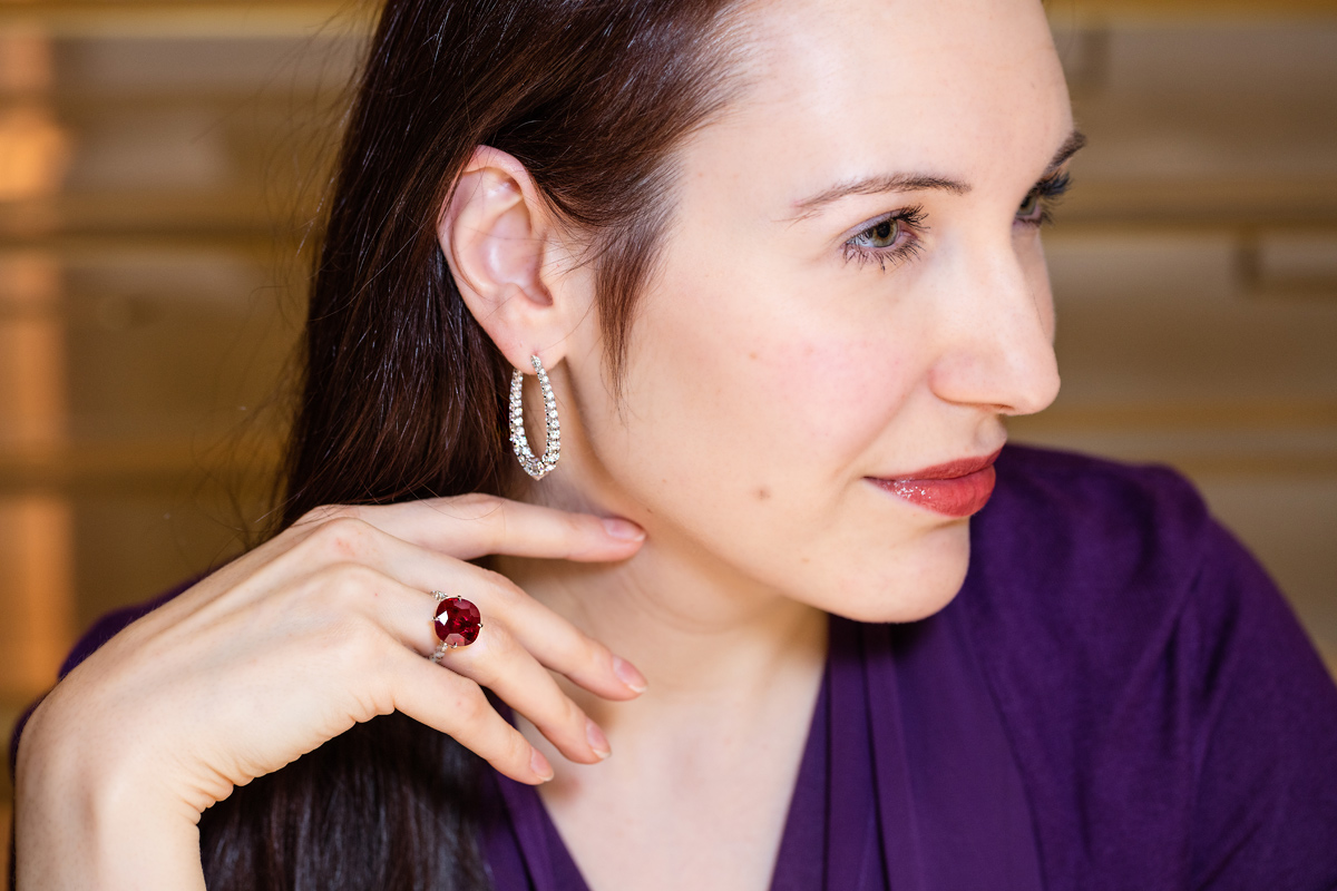 Boghossian Les Merveilles ring with a cushion cut ruby and hoop earrings with diamonds