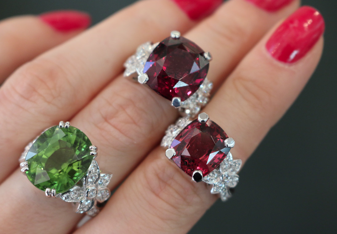 Louis Edouar Le Jeune Jasmine collection rings with peridot and garnets