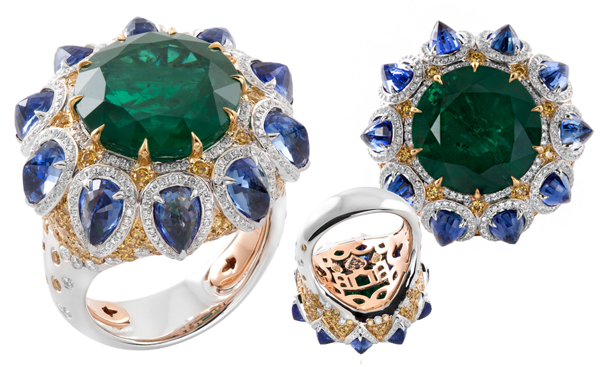 Alessio Boschi The Star of Taj ring from Breakfast in Jaipur collection with a brilliant cut emerald