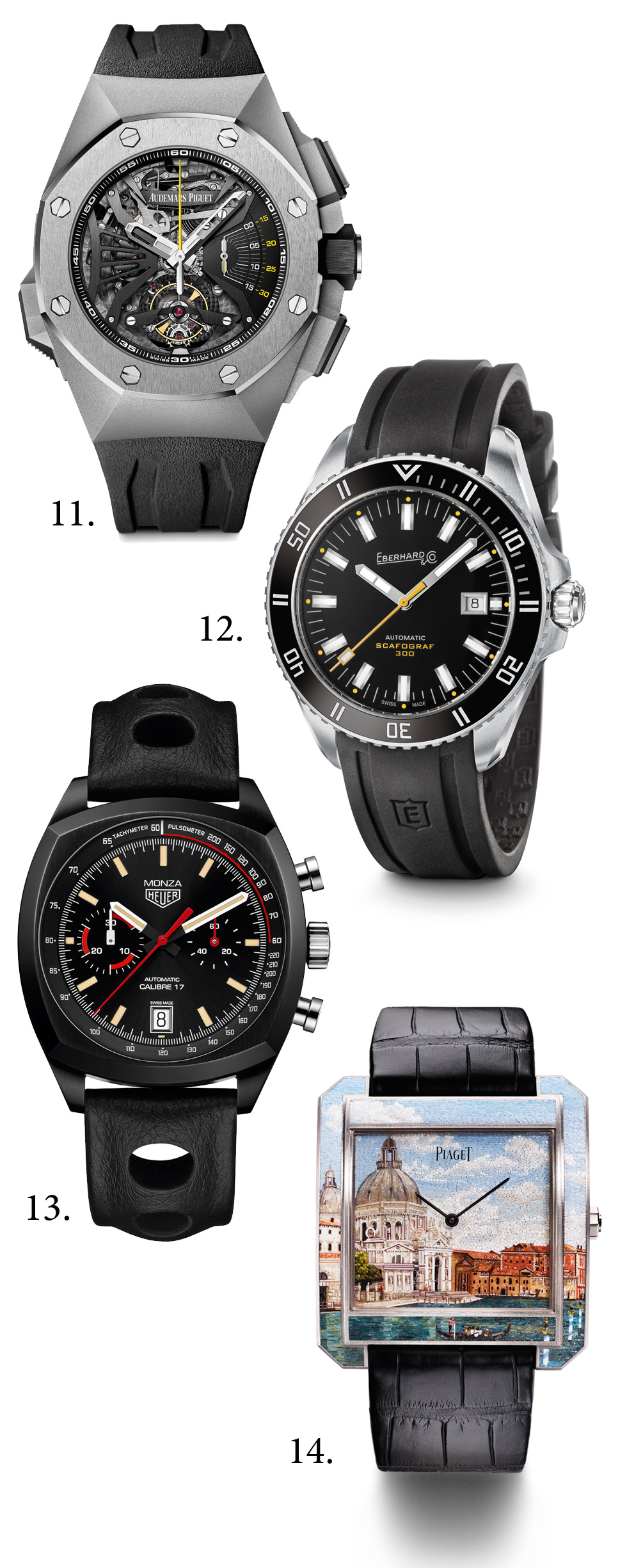 11. Mechanical Exception Prize: Audemars Piguet, Royal Oak Concept Supersonnerie; 12. Sports Watch Prize: Eberhard & Co, Scafograf 300; 13. “Revival” Watch Prize: TAG Heuer, Heuer Monza Chronographe; 14. Artistic Crafts Watch Prize: Piaget, Protocole XXL “Secrets & Lights” Venice Micro-Mosaic