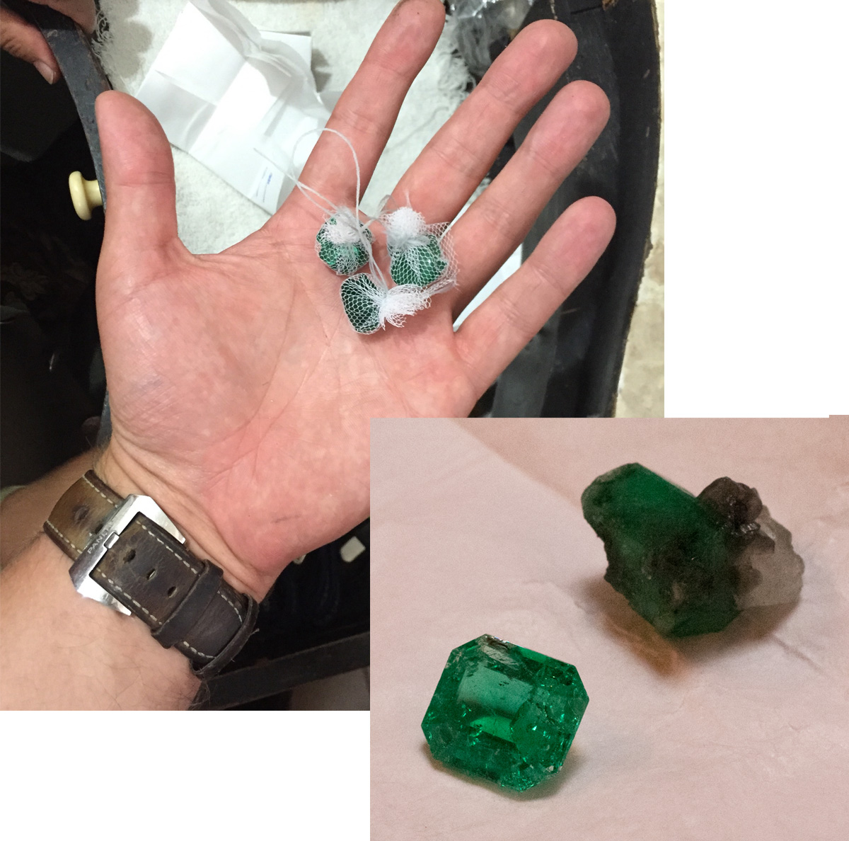 Left – Stones in gauze ready to be loaded into oiling machine, Right – an emeralds that needs oiling due to its high volume of inclusions