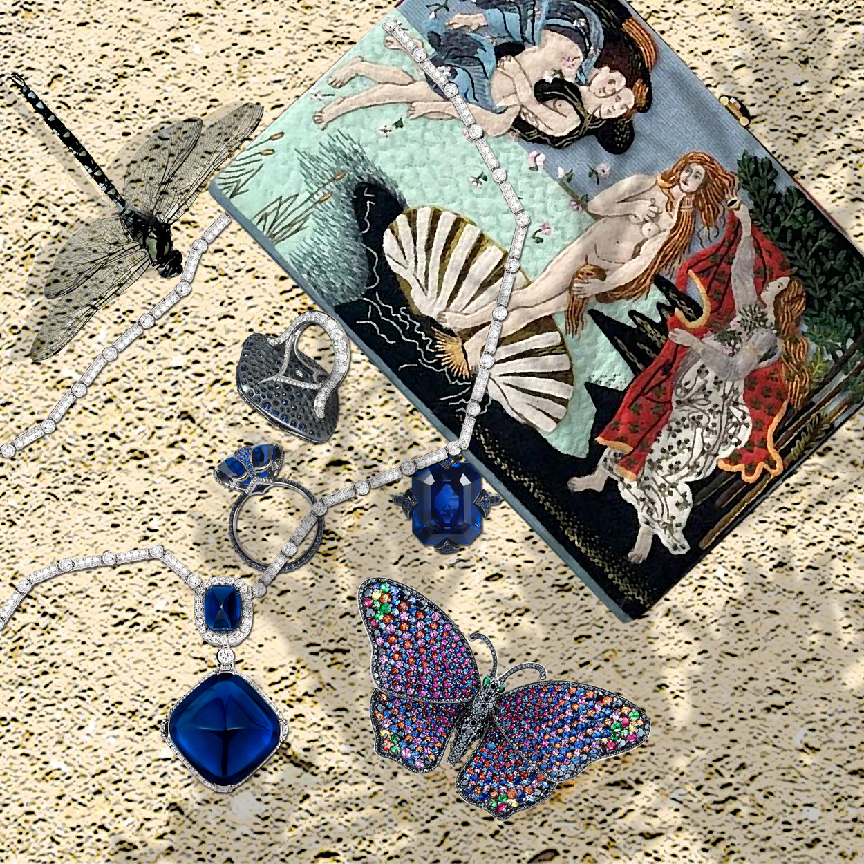 Bayco sapphire and diamond rings and a necklace; Stenzhorn multicoloured gem Butterfly brooch