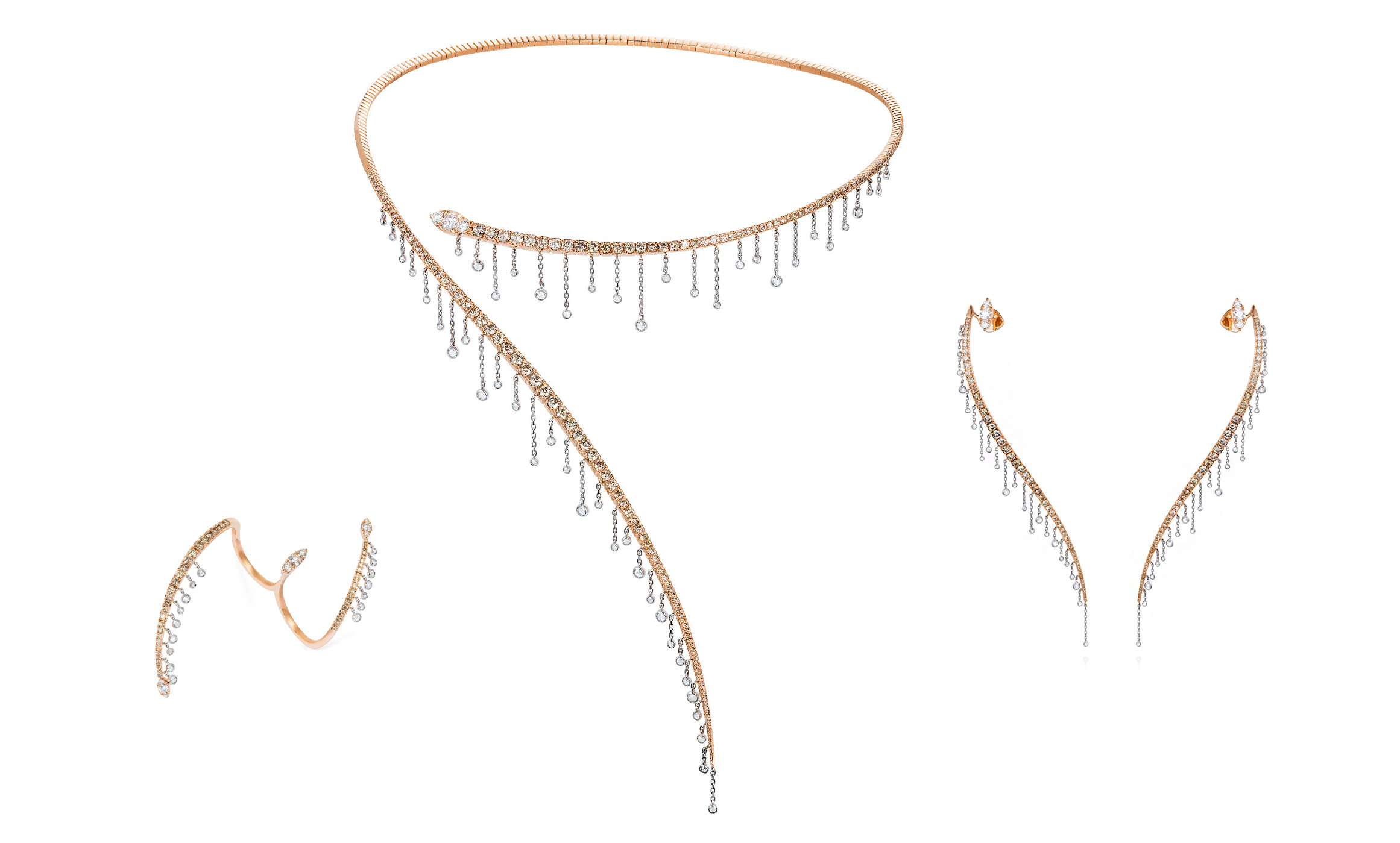 Rose gold and diamonds earrings, flexible necklace and a ring from Mike Joseph Waterfall collection