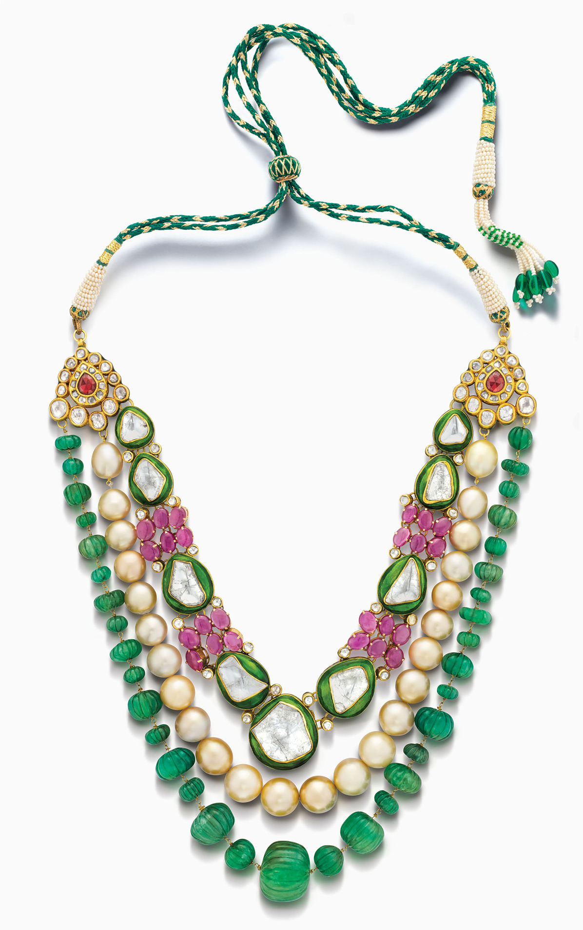 House of Rose necklace with polki diamonds, emeralds, pearls and pink sapphires