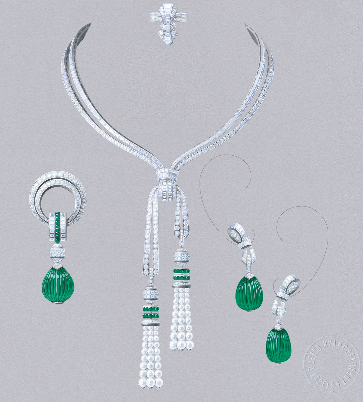 Van Cleef&Arpels Grand Opus set. White gold, round, baguette-cut and princess-cut diamonds, buff-topped square-cut emeralds, white cultured pearls, 3 carved emeralds for 127.88 carats (Colombia). Transformable necklace, earrings and clip with detachable pendants.