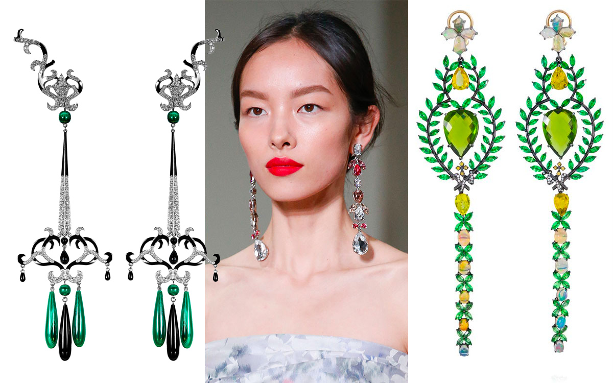 From left to right: Dionea Orcini earrings, Oscar de la Renta catwalk, Lydia Courteille earrings