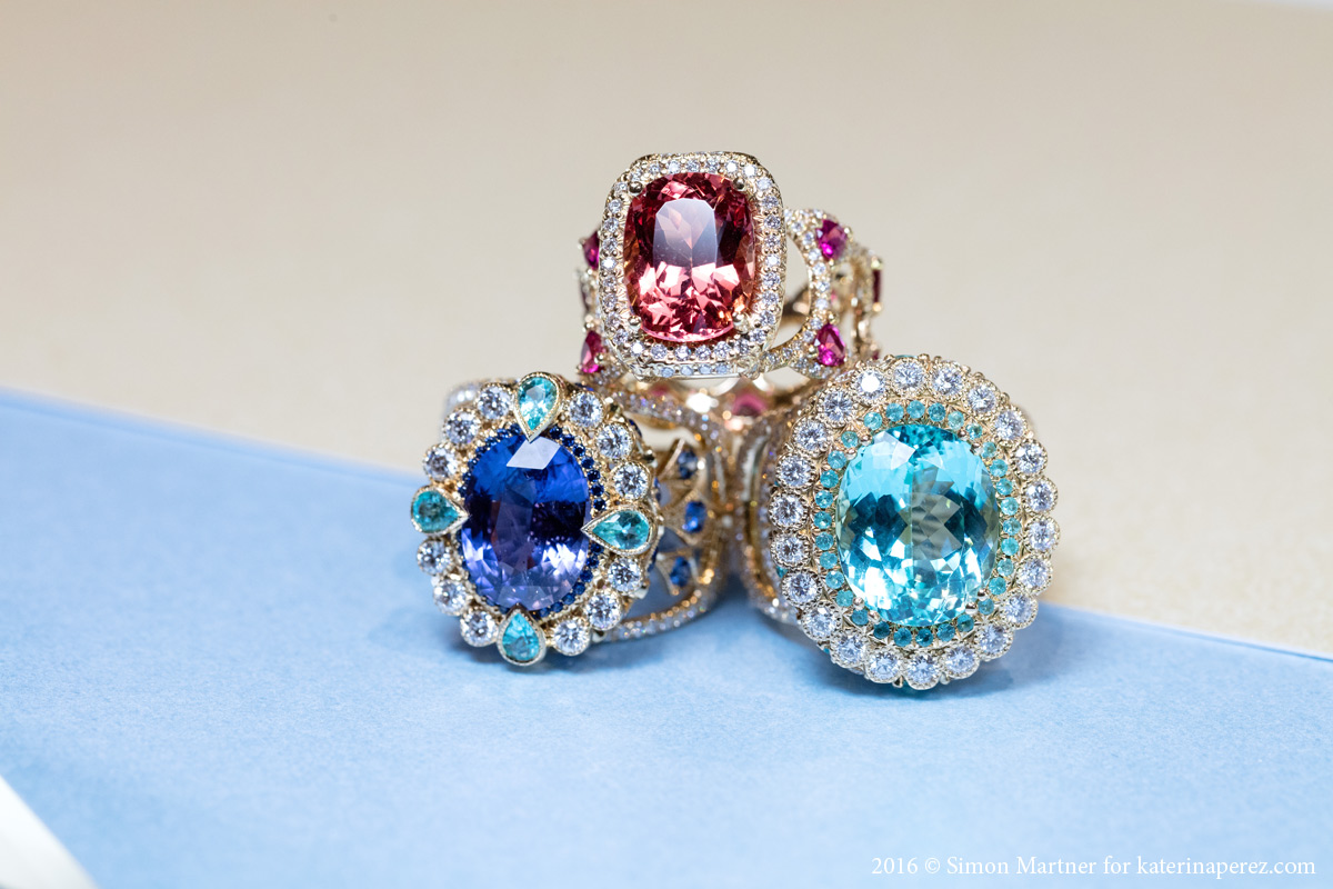 Erica Courtney Empress ring with a 5.19 cts colour change sapphire, Bracelet ring with a 7.46 cts Paraiba tourmaline and Sayeda ring with 5.49cts spinel