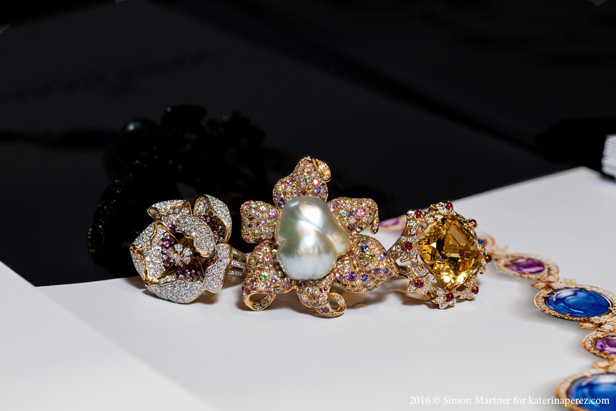 Farah Khan Flower ring with 1.36 cts sapphire, 5.02 cts diamond and rubies; Baroque pearl ring with 48.2 cts pearl, 2.55 cts diamond and 10.23 cts of sapphires; Citrine ring with a 21.45 cts center stone, rubies and diamonds