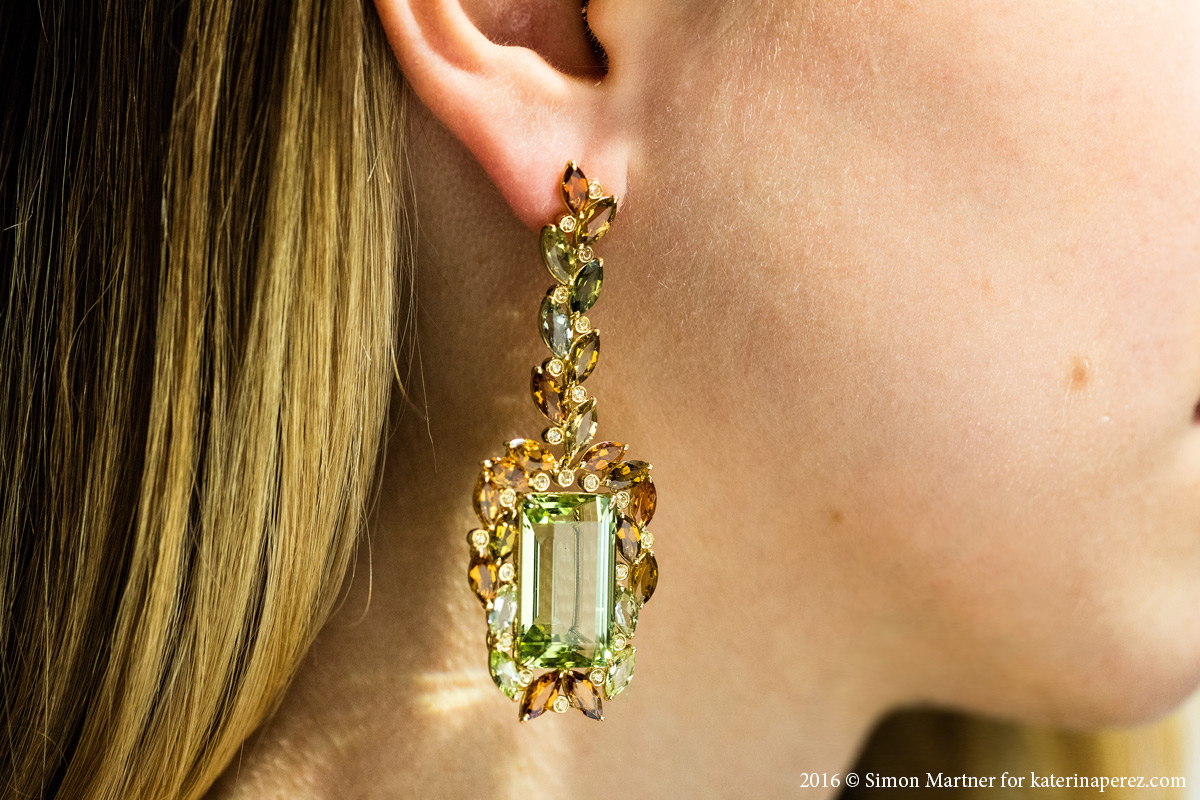 VTSE “Garden View Earrings” featuring 2 beryls 48.97 cts total weight, fancy tourmalines of 20.5 cts, and yellow sapphires