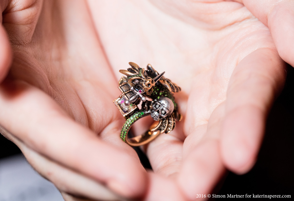 Wendy Brandes Dragon and Knight Maneater ring in white, yellow, rose gold and platinum with 4.5 cts tsavorites, brown and white diamonds, rubies, and Keshi pearl