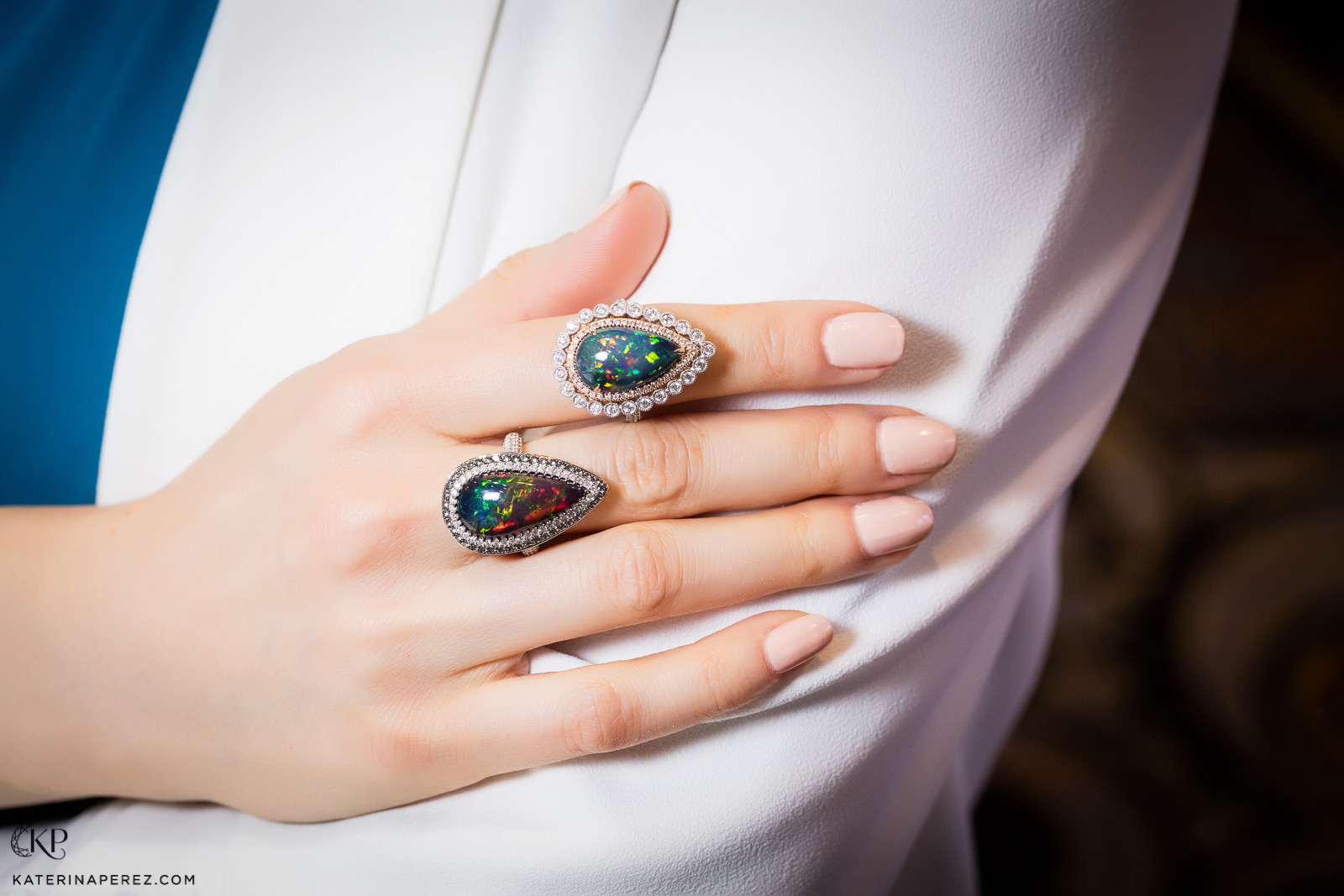 Yael Designs rings with pear-shaped 6.17 cts black opal and 5.69 cts black opal as well as diamonds. Photo by Simon Martner.