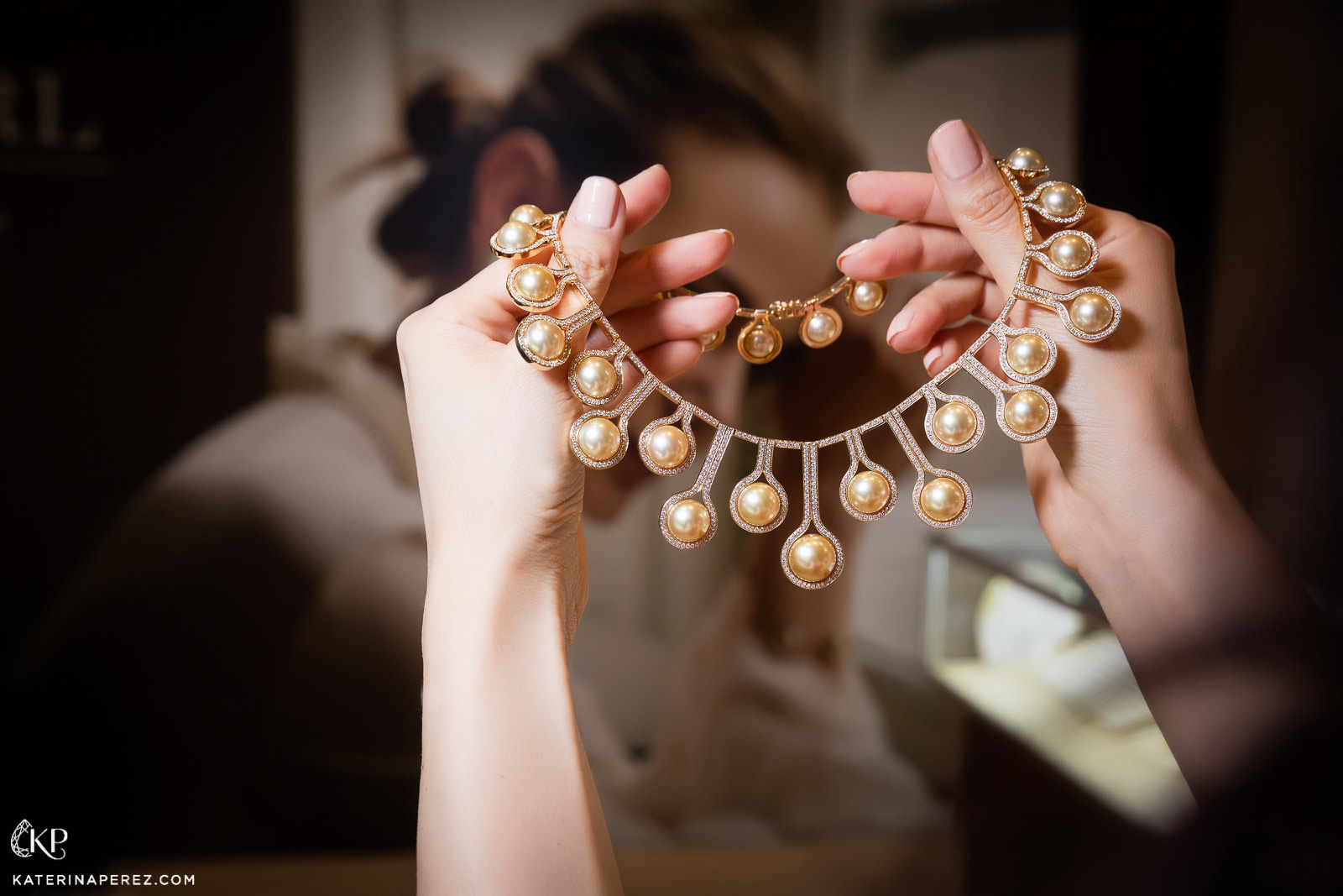 Belpearl South Sea golden pearls and diamonds necklace.  Photo credit: Simon Martner.