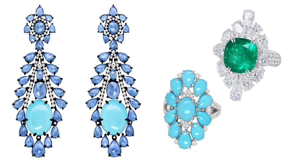 Sutra earrings with turquoise and sapphires, a rings with turquoise and diamonds and a rings with an emerald and diamonds