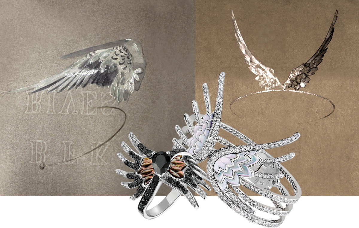 Original Rene Lalique drawings and the recent Vesta collection jewellery designed by Quentin Obadia