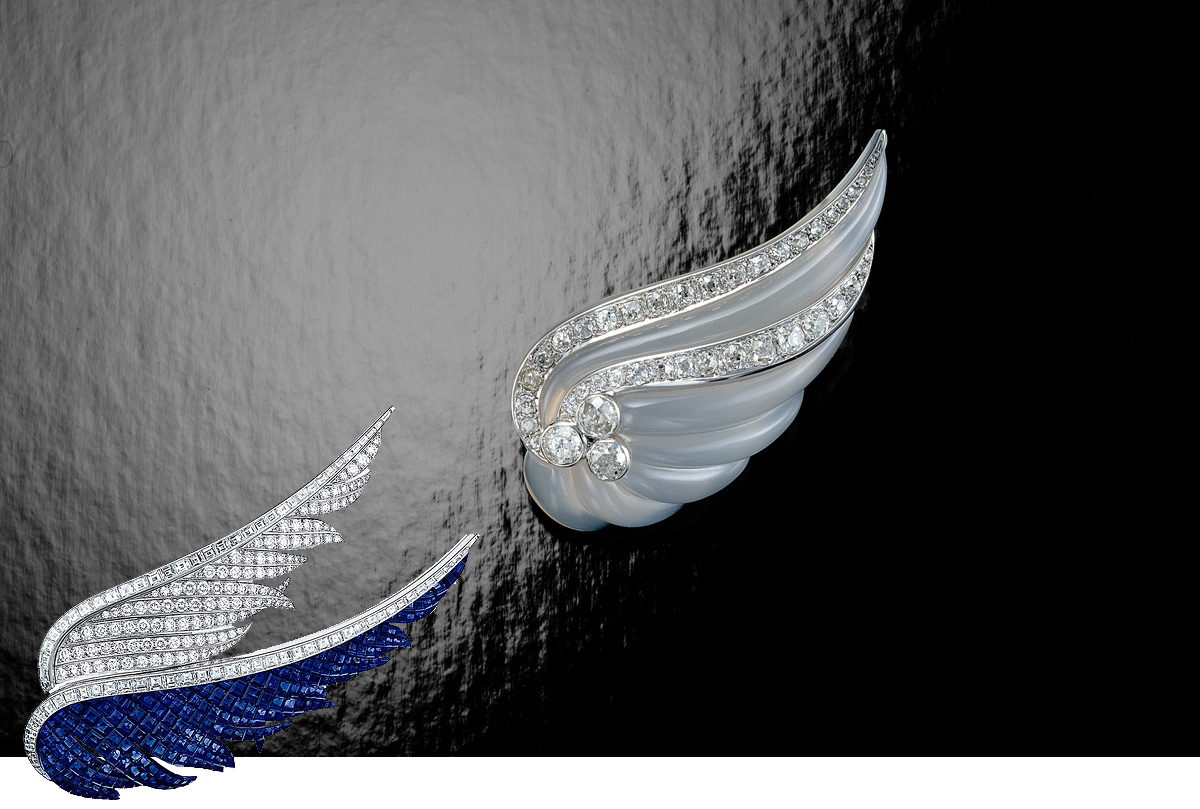 Suzanne Belperron carved brooch with diamonds and Van Cleef&Arpels diamond and sapphire brooch