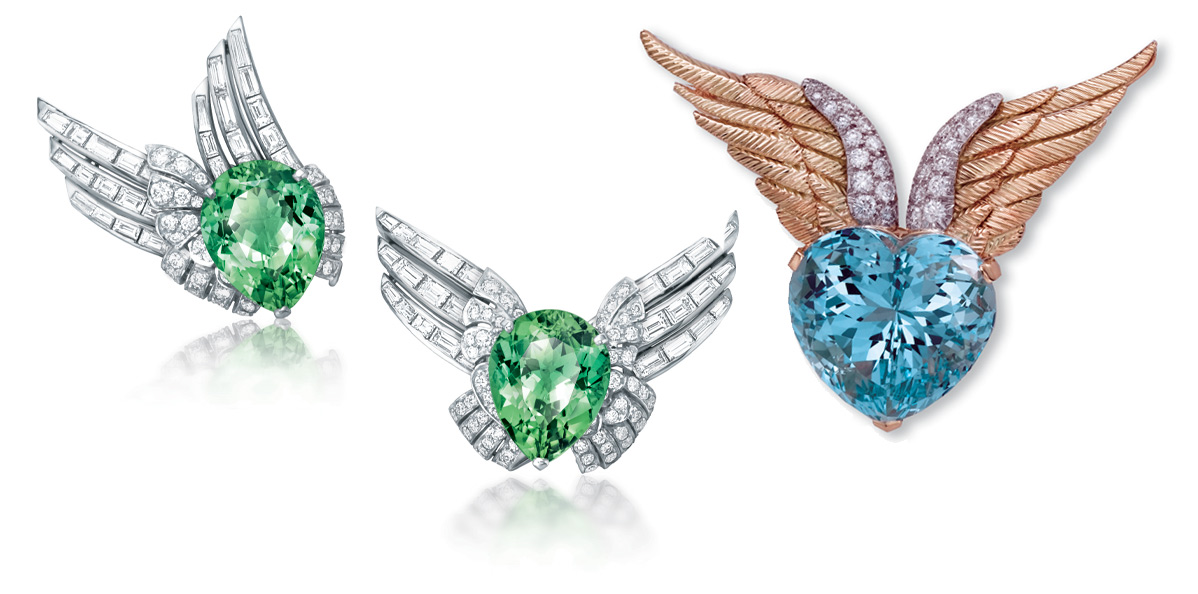 Left: Verdura Winged brooches with mint tourmaline and diamonds. Right: Verdura Winged Heart brooch with an aquamarine and diamonds