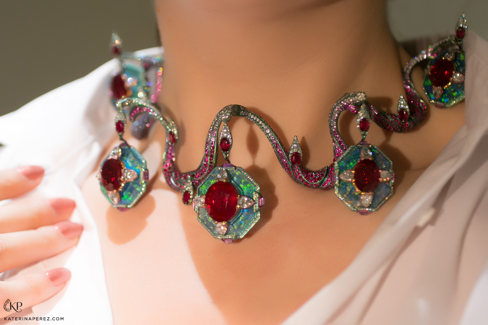 Music On My Mind necklace by Wallace Chan with Burmese rubies, opals, diamonds and lapis lazuli