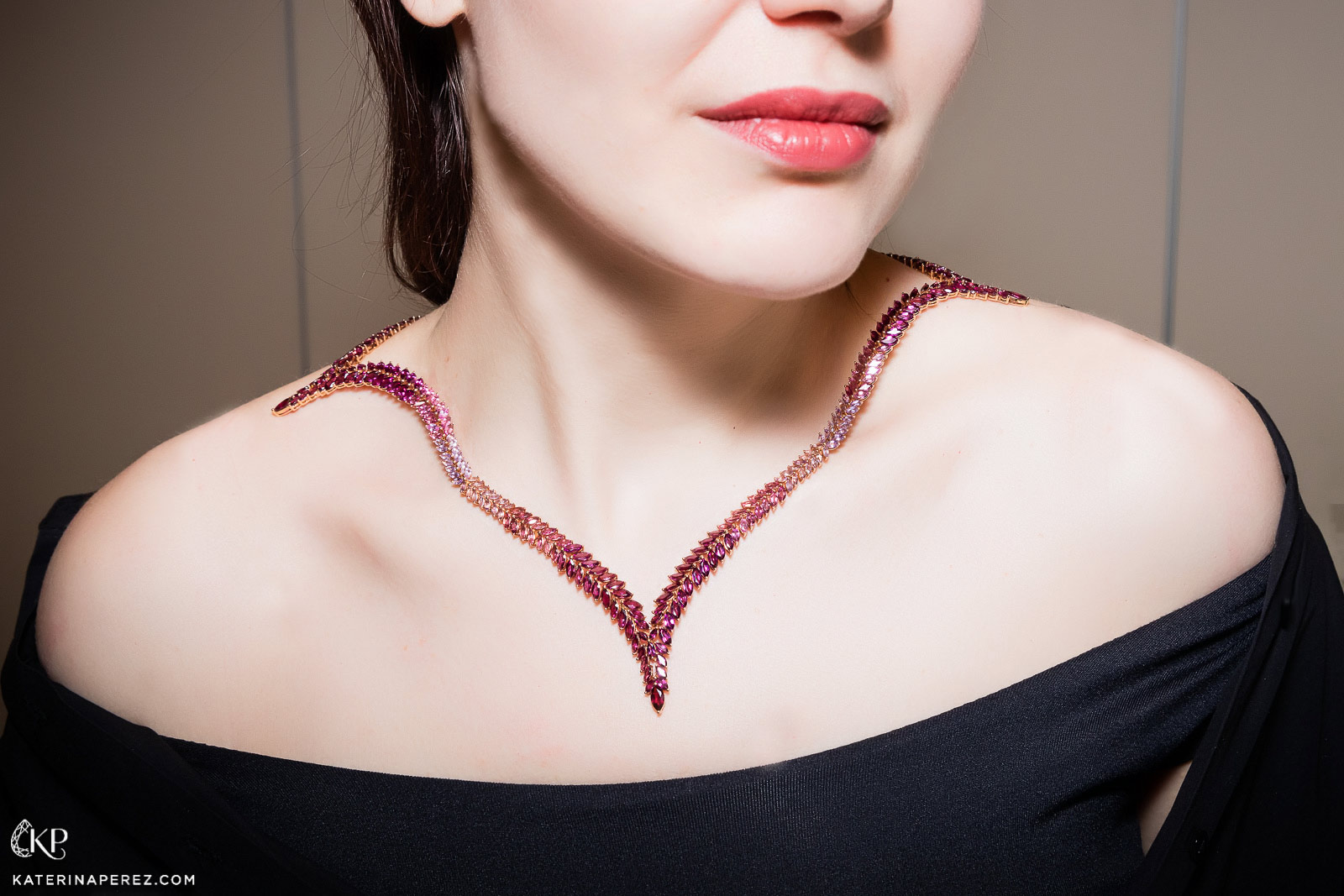 Leyla Abdollahi necklace with rhodolite garnets, amethysts and tourmalines and diamonds. Photo credit: Simon Martner