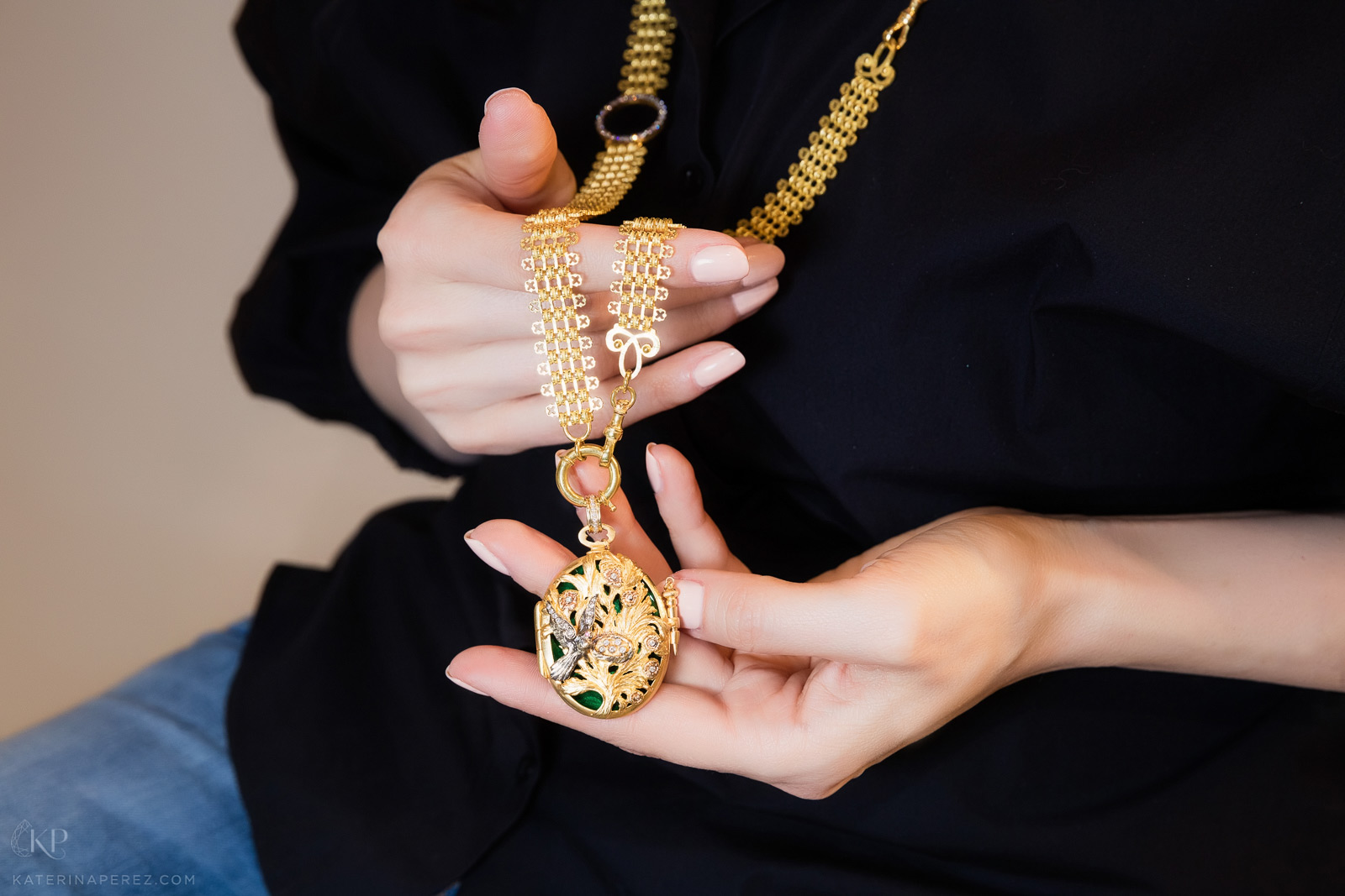 Aida Bergsen yellow gold plated locket with green enamel. Photo by Simon Martner