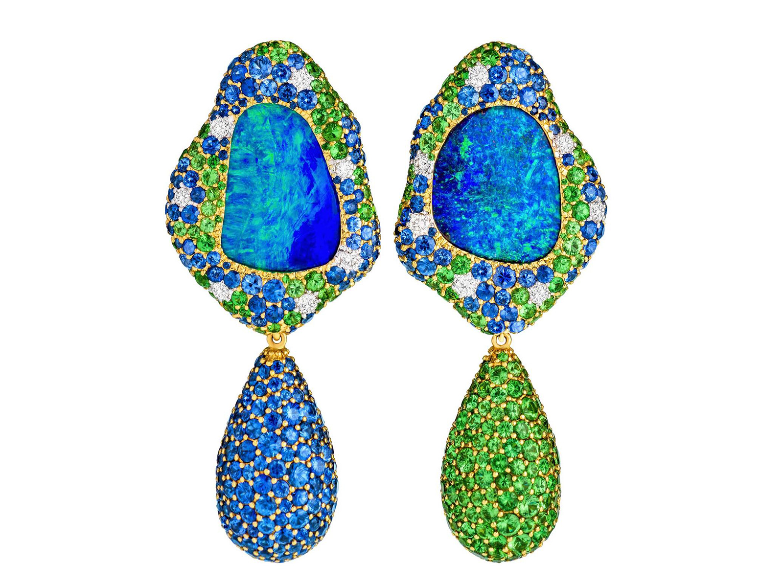 Margot McKinney Viridian Australian Lightning Ridge opal earrings with opals, tsavorites and sapphires