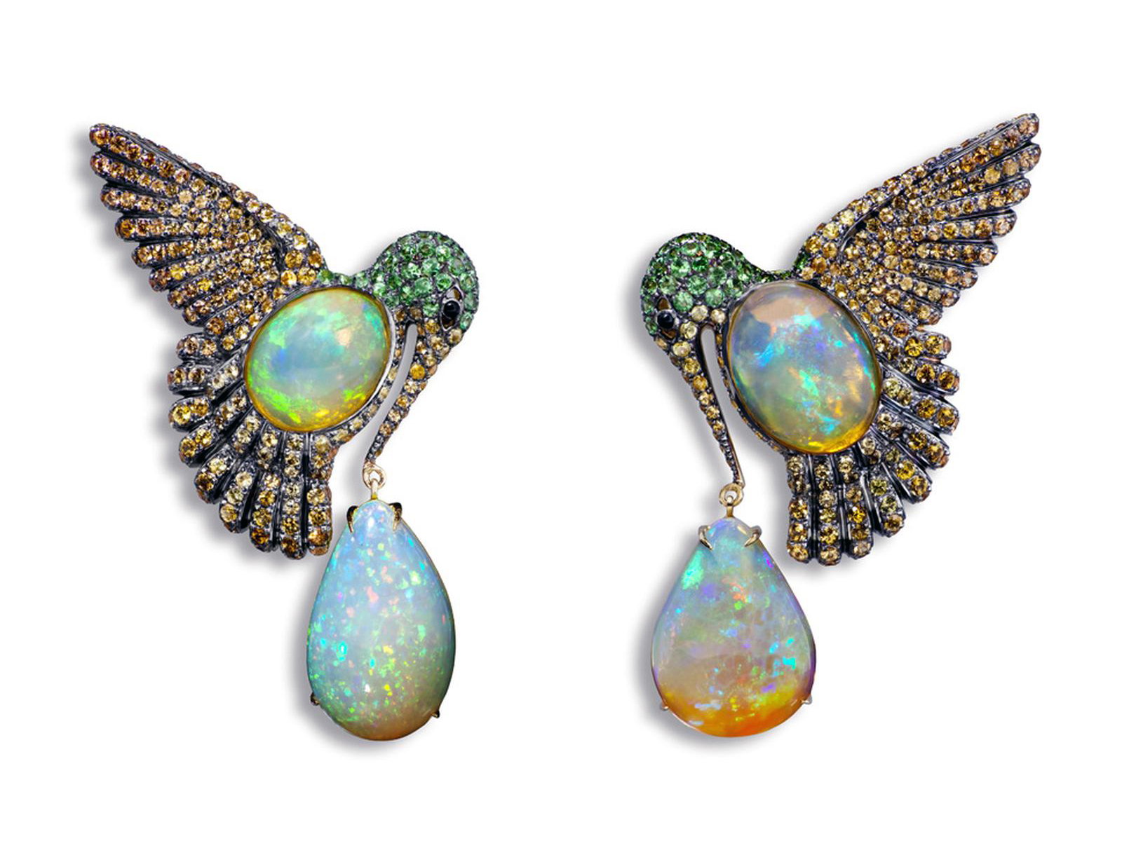 Colibri earrings by Lydia Courteille with orange mexican opals, orange sapphires, green garnet