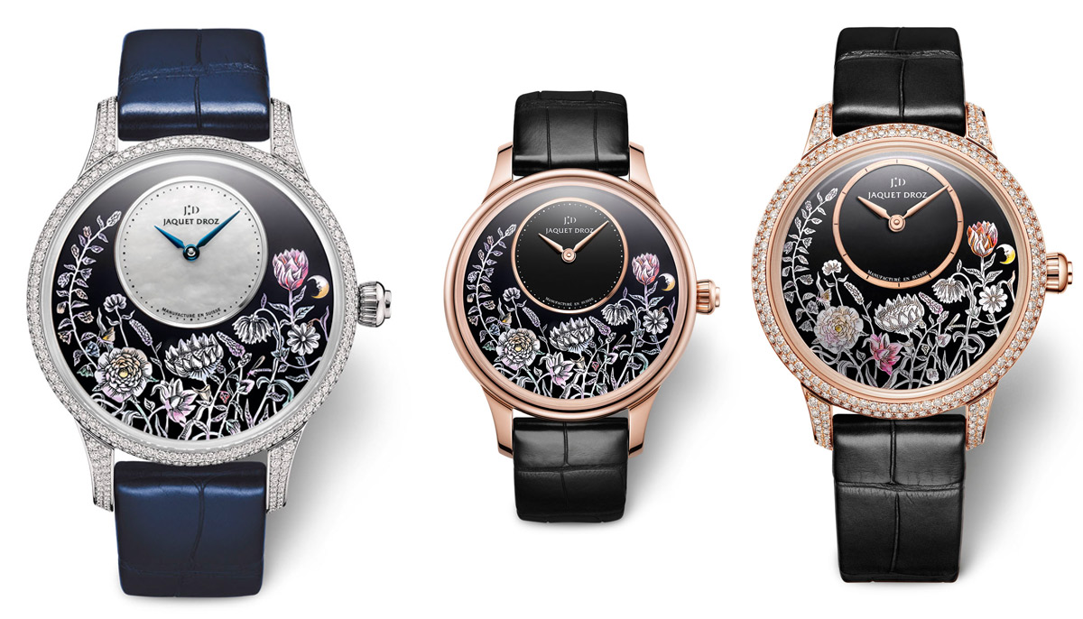 Jaquet Droz Petite Heure Minute Thousand Year Lights watches with white and rose gold dials
