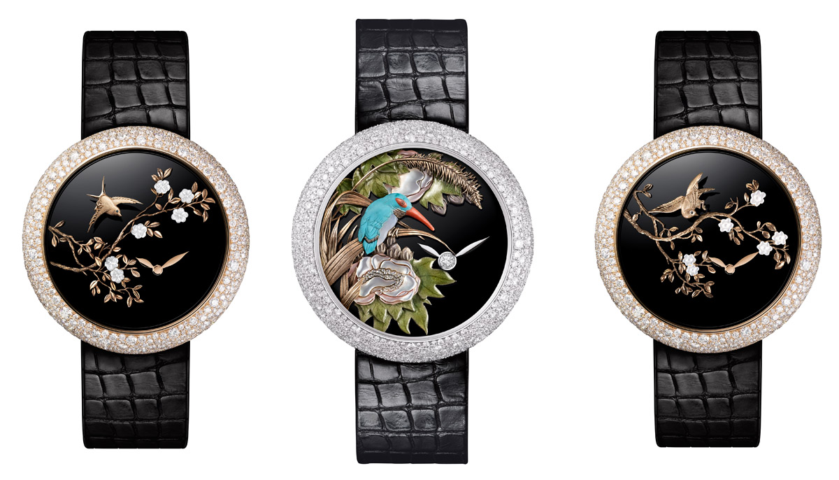 Chanel Mademoiselle Prive watches – the one in the centre made using glyptic techniques, the ones on each side are with sculptured gold